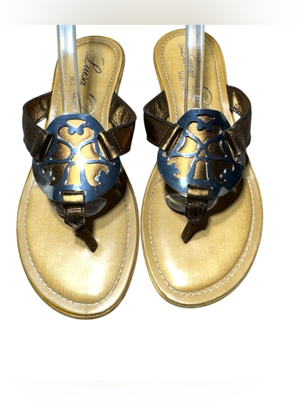 Luiza D'orio Sandals Thong Strap 8 Metallic Brown Silver Logo Kitten Heal Summer